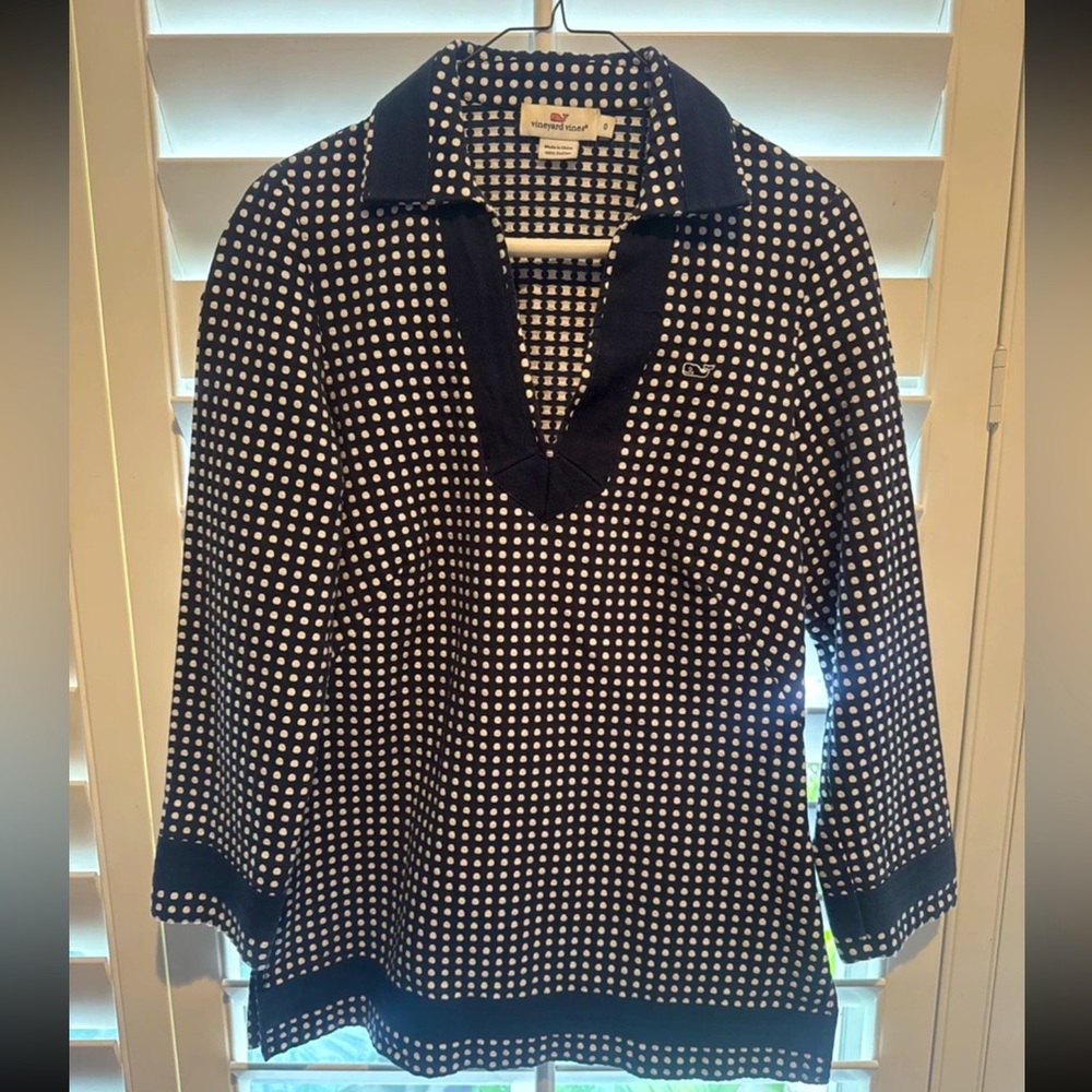 Vineyard Vines Navy Polka Dot Tunic Top Women’s Small 3/4 Sleeve Pullover Preppy